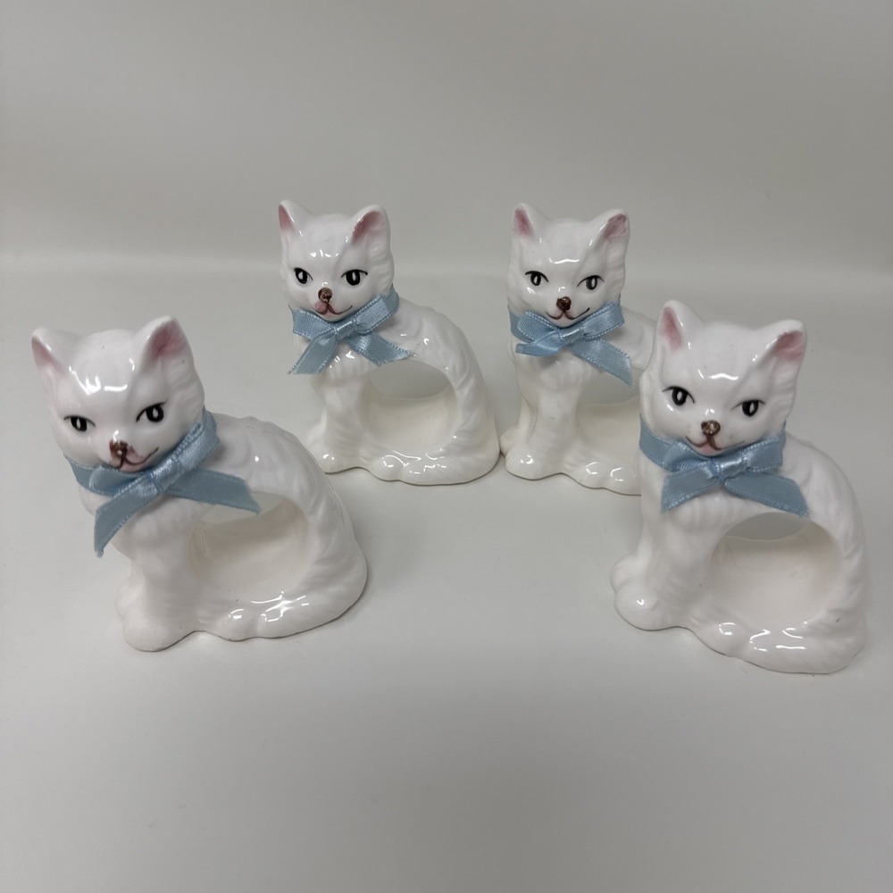 Cat Napkin Rings With Blue Bows Set Of 4 Ron Gordon Designs Ceramic 1983 Vintage